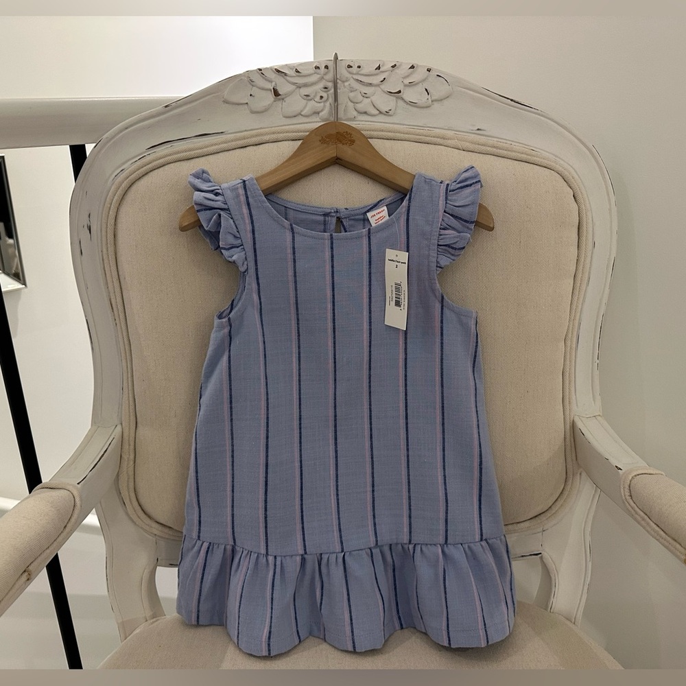 ๐ฆข 2T Toddler Blue Striped Ruffle Cotton Linen Drop Waist Dress NWT